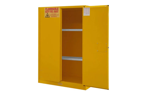 Heavy Duty Flammable Safety Cabinet With 90 Gallon Capacity, FM Approved, Built Tough 16 Gauge Double Wall Steel Build, Adjustable Shelves, Manual Swing Doors, Rugged Yellow Powder Coat Finish showcasing open doors and shelves.