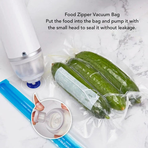Compact Electric Vacuum Storage Bag Set For Travel with Rapid Compression Pump and cucumbers sealed in a durable PA and PE material bag.