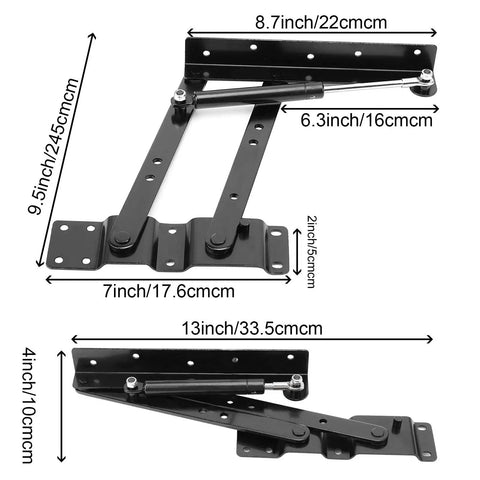 Heavy Duty 150N Kickback Lift Hinge For Solid Oak Coffee Tables Rustproof Steel Furniture Hardware dimensions shown in image.