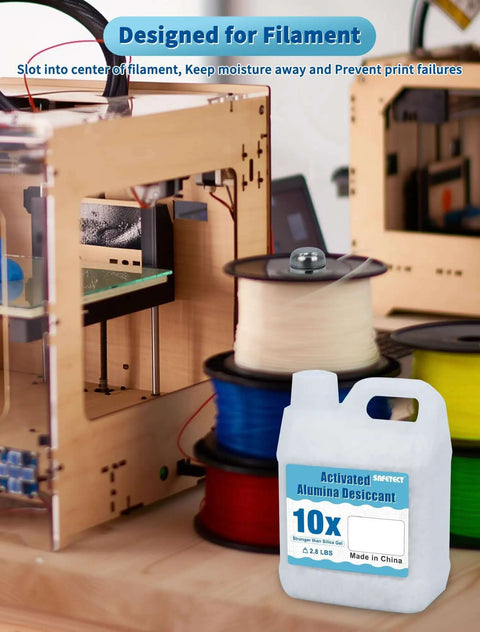 Activated Alumina Desiccant Beads 2 Pack For 3D Printer Filaments and Electronics with spools in background