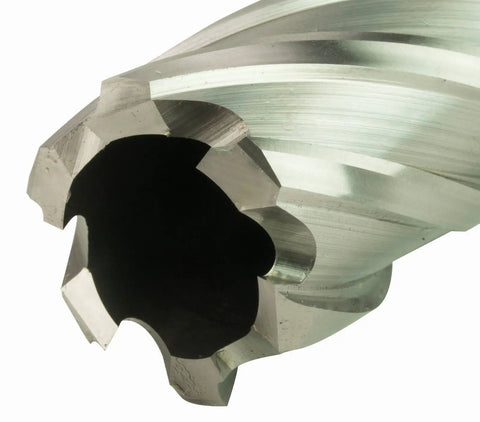 Close-up of a stainless steel annular cutter from the Pro Level Magnetic Drill Press With 1700 Watt Variable Speed Motor and Seven Piece Annular Cutter Kit.