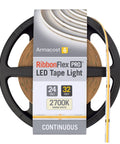 Roll of RibbonFlex Pro 24V White COB LED Strip Light Tape 2700K 32 Ft 10 M on reel, with packaging showing details