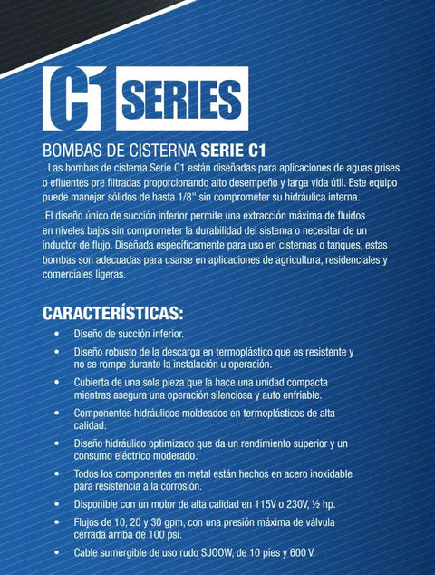 C1 Series Submersible Pump Handles 10 GPM Flows Smoothly With Half Horsepower And 230 Volts installation guide detailed features