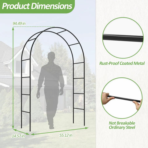 Outdoor Garden Arch Trellis For Climbing Plants, Sturdy Metal Arbor With Rust Proof Coating, 94.5 Inch Tall And 55 Inch Long