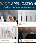 No Drill Adhesive Wall Hooks For Heavy Duty 22-Pound Capacity in various rooms: bathroom, kitchen, bedroom, living room.