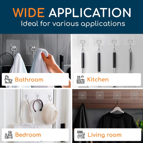 No Drill Adhesive Wall Hooks For Heavy Duty 22-Pound Capacity in various rooms: bathroom, kitchen, bedroom, living room.