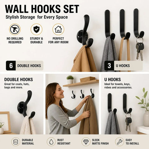 6 Pack Black Aluminum Coat Hooks No Drill Heavy Duty Wall Hooks Hold 50 Lbs Rust Proof Corrosion Resistant For Bathroom Kitchen Laundry Garage Great For Mudroom Hallways Closets And Entryways, black wall-mounted set