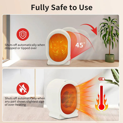 Cozy Yet Powerful 400W Space Heater For Desk And Office Use with safety features showing tip over and overheat protection