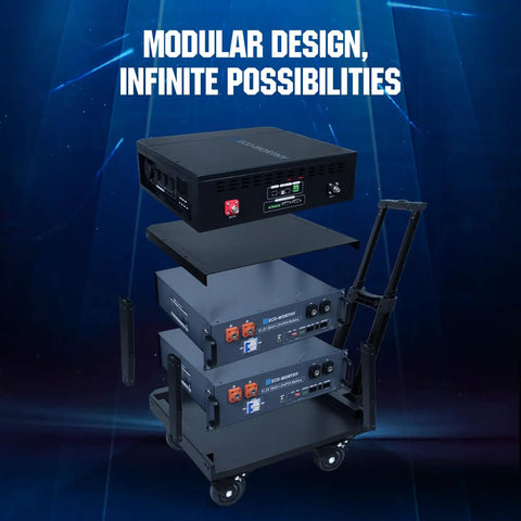 Modular 5120Wh SL3500 Stackable Power Station With Solar Inverter on trolley, showcasing expandable design and components.