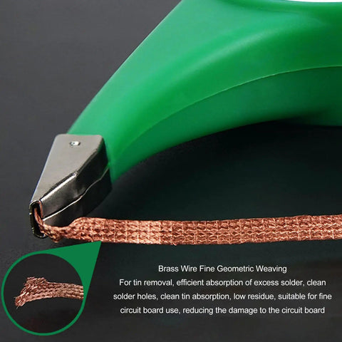 Pro Grade Desoldering Wick Braid With Flux for PCB Cleaning and Repair, brass solder removal wire close-up next to green tool.