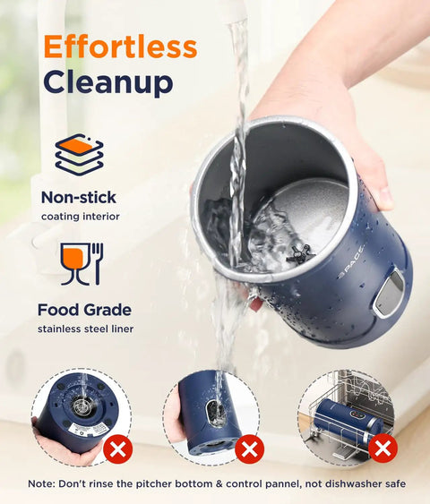 Pouring water to clean blue No Fuss Electric Automatic Milk Frother With Quiet Mute Mode 300ml Capacity Overheat Protection 4 In 1 Foam Maker