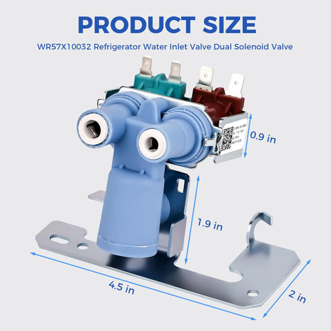 Refrigerator Water Inlet Valve Dual Solenoid Replacement WR57X10032 For GE Hotpoint Fits Most GE Hotpoint Models Replaces WR57X10051 AP3672839 PS901314 AH304374 AP3192626 WR57X33326 11 Inch By 8 Inch By 3.5 Inch, blue plastic and metal