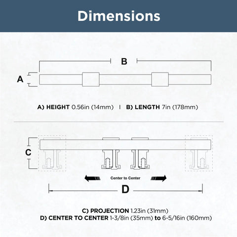 Dimensions diagram for Matte Black Cabinet Handles Five Pack Adjustable Drawer Pulls 35-160mm, showing measurements and hole centers.