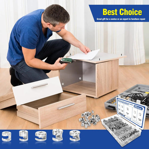 Man assembling furniture with a 125 Piece Furniture Cam Lock Kit With Eccentric Wheel Connectors Hella Sturdy Cabinet Drawer Hardware Set.