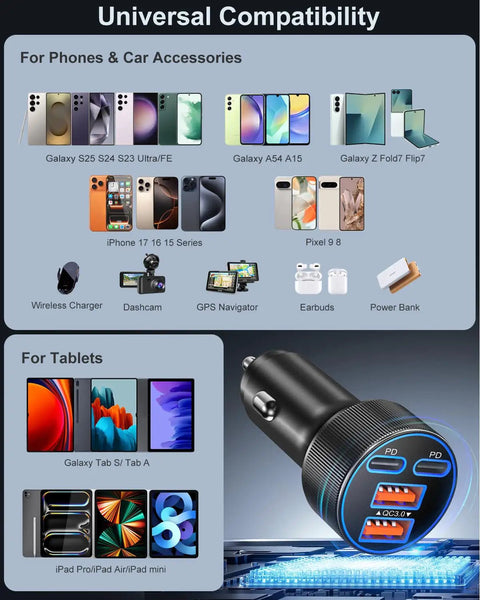 Super Fast 4 Port Car Charger Pumping Out 90W Power To Keep Phones And Gadgets Fully Fed While You Rollin Around with devices and accessories.