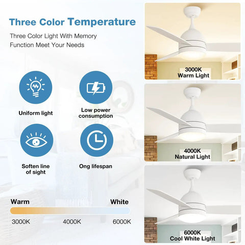 48 Inch Ceiling Fan With Light Remote Control White Finish 3 Blades Ultra Quiet Motor LED Dimmable Lighting Warm to Cool White