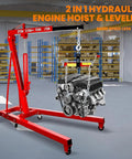 Heavy Duty Hydraulic Engine Hoist And Folding Cherry Picker With Six Swivel Wheels, Straight Up 4400 Lb Portable Crane lifting an engine.