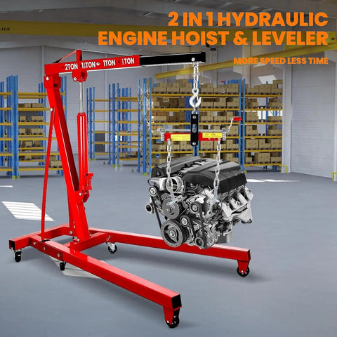 Heavy Duty Hydraulic Engine Hoist And Folding Cherry Picker With Six Swivel Wheels, Straight Up 4400 Lb Portable Crane lifting an engine.