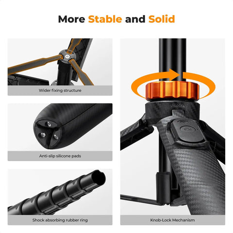 Close-up details of the 62 Inch Phone Selfie Stick Tripod with 2 In 1 Extendable Pole, showing anti-slip pads and knob-lock mechanism.