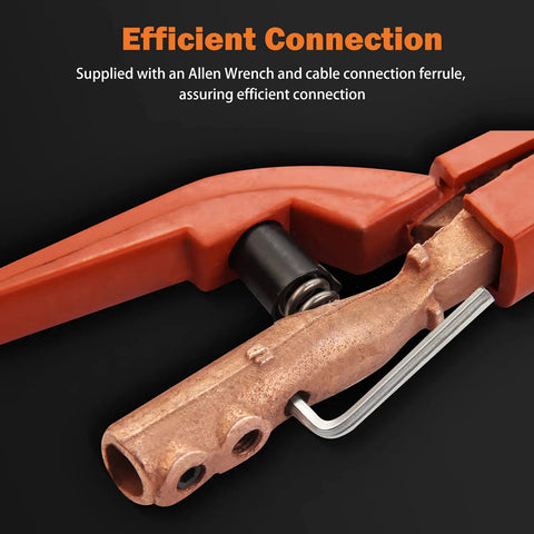 300 Amp Welding Electrode Holder With Allen Wrench And Ferrule for reliable arc welding, close-up of durable cable connections