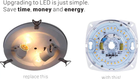 Comparison of old light fixture and new Dimmable 17W LED Light Engine 5000K 1200 Lumens 120V Retrofit Kit for easy upgrade
