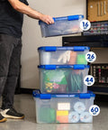 60-Quart Clear Airtight Storage Totes with Secure Latching Lid Stackable Plastic Containers for Garage Basement Closet That Are Built Different and Handle the Heat like Pros in use with smaller bins stacked.