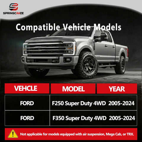 2.5 Inch Front Leveling Lift Kit For Ford F250 F350 Super Duty 4WD Front Suspension Strut Spacers With Shock Mount Extenders Adds Ground Clearance And Room For Bigger Wheels Red. Shown. Compatible models: Ford F250, F350 2005-2024.