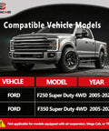 Drop In Ready Heavy Duty Two Inch Front Leveling Kit With Strut Spacers And Shock Extenders Compatible With Ford F250 And F350 Super Duty Four Wheel Drive Trucks displayed on a grey Ford truck.