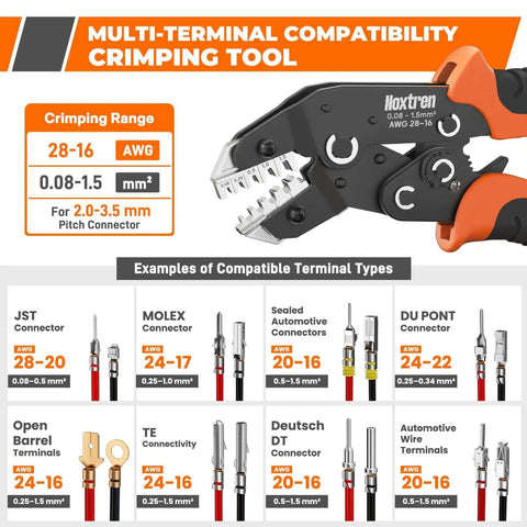 5-In-1 Wire Crimping Tool Ratcheting Crimper For AWG 28-16 Non-Insulated Open Barrel Terminals with examples of compatibility