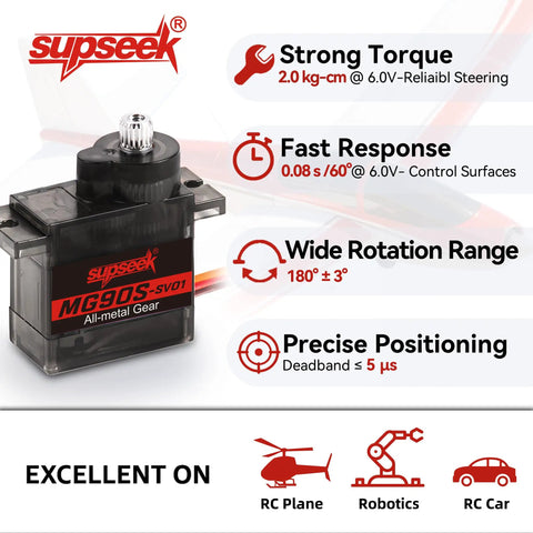 MG90S 9g Micro Servo Kit With Beefy Metal Gear 2.0 Kg Cm High Torque, 0.08 Sec Per 60 Degrees, 180 Degree Rotation