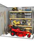 Interior view of Large Capacity 6 Foot By 4 Foot Outdoor Storage Shed With Double Lockable Doors showing garden tools and lawnmower.