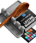 Gray High Heat Silicone Spoon Rest Drip Pad for Stove Top Keeps Counters Clean and Dry Holds Ladles Tongs Spatulas and Utensils BPA Free Heat Resistant Easy to Clean Compact Kitchen Gadget Gift with wooden spoon.