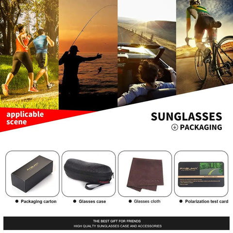 Images showing activities with Polarized Sports Sunglasses For Men Built For Cycling Driving And Fishing UV400 Protection With TAC HD 7 Layer Lens Blocks 99 Percent UVA UVB Rays And Scratch Resistant Frame For All Day Comfort And Clarity.