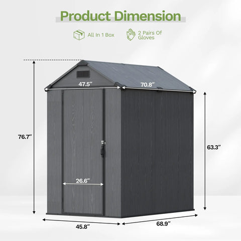 4x6 Ft Resin Outdoor Storage Shed With Floor And Lockable Door, Sloped Roof And Vent, All Weather UV Resistant, Deep Grey, dimensions