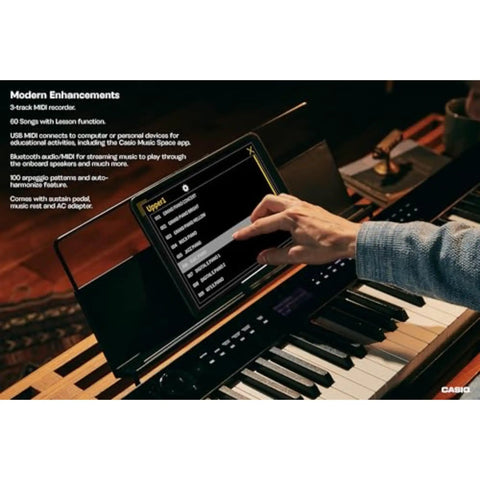 User selecting settings on Px-S3100 88 Key Weighted Digital Piano With Bluetooth Audio MIDI, tablet interface visible
