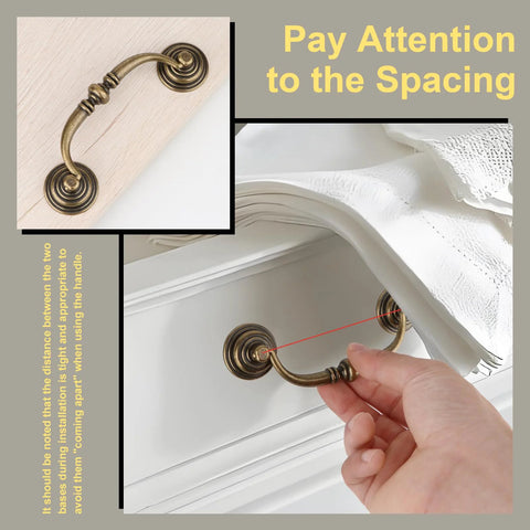 Installing Antique Drop Bail Drawer Pulls Set Of Four In Bronzed Finish on a dresser, showing correct spacing for kitchen cabinets and wardrobes.