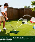 Man practicing with Golf Chipping Net Set For Backyard Practice With Three Pop Up Nets And Targets 15 Practice Balls Hitting Mat