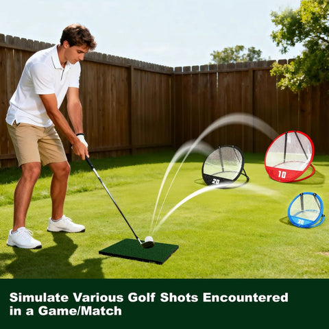 Man practicing with Golf Chipping Net Set For Backyard Practice With Three Pop Up Nets And Targets 15 Practice Balls Hitting Mat