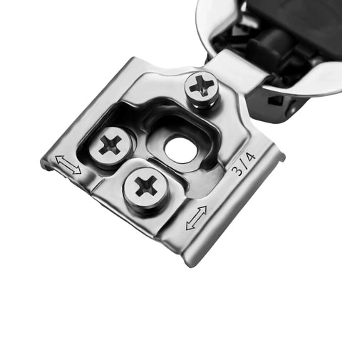 Close-up of 30 Pack 15 Pairs Three Quarters Inch Overlay Soft Close Cabinet Hinges Satin Nickel showing 35mm cup and screws.