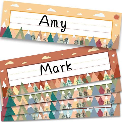 Moving Mountains Desk Nameplates Set Of 30 For Classroom And Office Decor, showing colorful cardboard name tags with mountain design