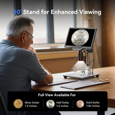 All In One 3K Digital Microscope With 10.1 Inch HDMI LCD Screen For Coins And Soldering, coin on 10.1-inch stand