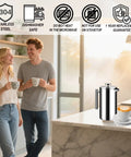 Super Thick French Press Coffee Maker Double Wall Insulated Stainless Steel on countertop with couple enjoying coffee.