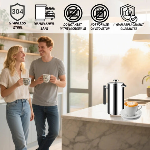 Super Thick French Press Coffee Maker Double Wall Insulated Stainless Steel on countertop with couple enjoying coffee.