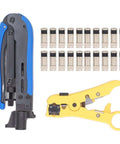 All In One Coax Cable Tool Kit With Adjustable F Head And Anti Slip Grip For RG6 RG59 RG11 And 75 Ohm F Connectors Includes 20 RG6 F Compression Connectors And Precision Wire Stripper For Indoor Use showing compression tool, wire stripper, and connectors