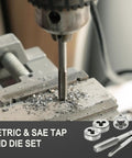 40 Piece Tap And Die Set With Metric M3 To M12 And SAE Sizes Pro Grade All In One Threading Kit in use for metal threading