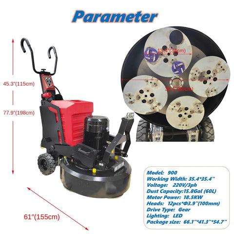Workhorse 12 Head Concrete Floor Polishing Grinder With Planetary Rotation System side view showing dimensions and features