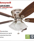 Glen Alden 52 Inch Classic Dope Flush Mount Indoor LED Ceiling Fan with Light Kit, pull chain, reversible blades, brushed nickel finish.