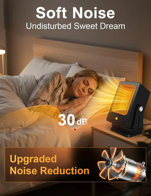 Indoor Space Heater Portable PTC Desktop Heater With 2 Second Fast Heat next to bed, soft noise feature for undisturbed sleep.