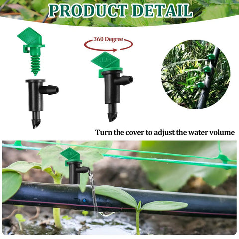 Close-up of 60 Piece Drip Emitter Flag Drippers For Trees And Shrubs 4 GPH Irrigation System Pack Green Durable Plastic installation