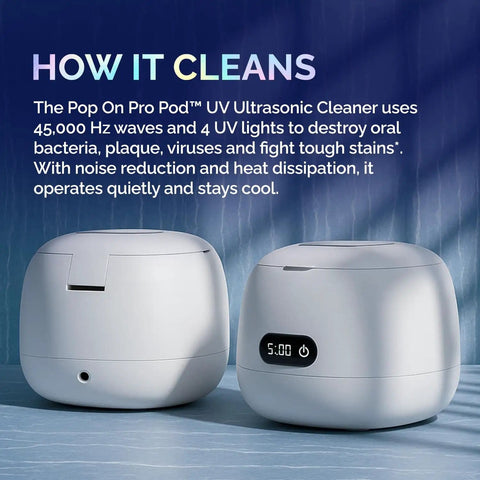 Retainer And Aligners Cleaning Pod With 45kHz Ultrasonic Power, UV Light Sterilizer, 200ml Tank, Digital Timer shown in operation